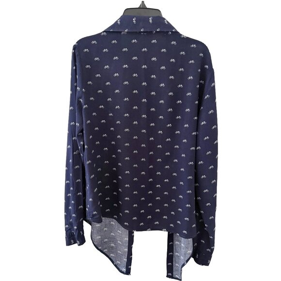 Love Notes Navy Blue Bicycle Print Button-Down Shirt | Tie Front Blouse - Picture 4 of 4